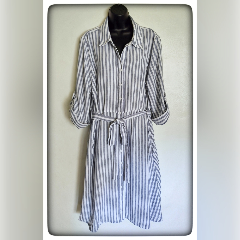 Zoey & Leelo Classic Blue & White Striped Belted Dress Sz 2X NWT